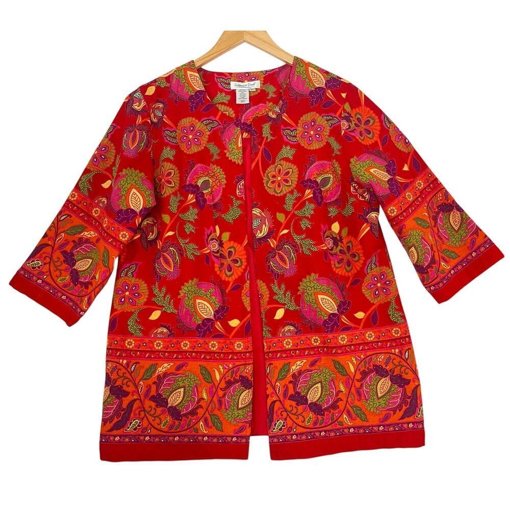 VTG Coldwater Creek Linen Red Bohemian Open Jacket sz Petite L Paisley Southwest